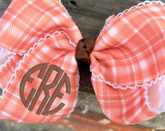 Orange Plaid Hair Bow with Monogram for girls | Fall Hair Accessory