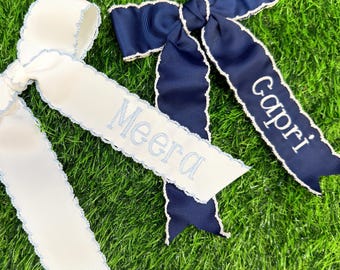 Personalized Long Tail Sailor Bows | Embroiered Toddler Big Girl Hair bow