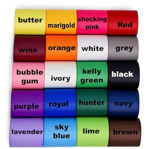A grid color chart of twenty ribbon spools labeled with color names including butter, marigold, shocking pink, red, wine, orange, white, grey, bubble gum, ivory, kelly green, black, purple, royal, hunter, navy, lavender, sky blue, lime, and brown.