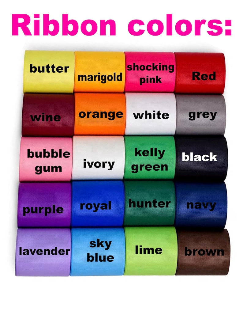 A grid color chart of twenty ribbon spools labeled with color names including butter, marigold, shocking pink, red, wine, orange, white, grey, bubble gum, ivory, kelly green, black, purple, royal, hunter, navy, lavender, sky blue, lime, and brown.