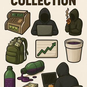 Hustle-clipartbundel – 20 png-bestanden | Figuren met capuchon, geld, dubbele beker, groene flessen | Transparante achtergronden | Digitale download