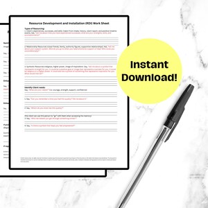 May include: A black and white document titled "Resource Development and Installation (RDI) Work Sheet" with text and lines for writing. A yellow circle with the words "Instant Download!" is on the right. A black pen is in the foreground.