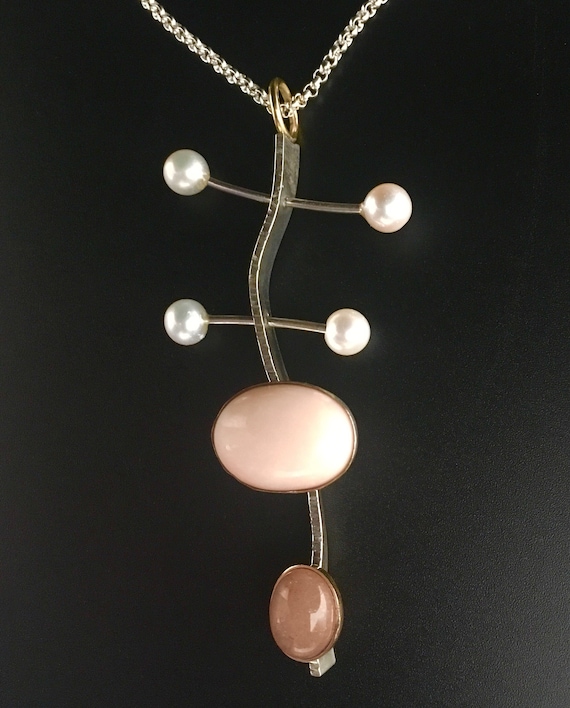 14K & Sterling Pendant w/Coral, Sunstone and Pearls