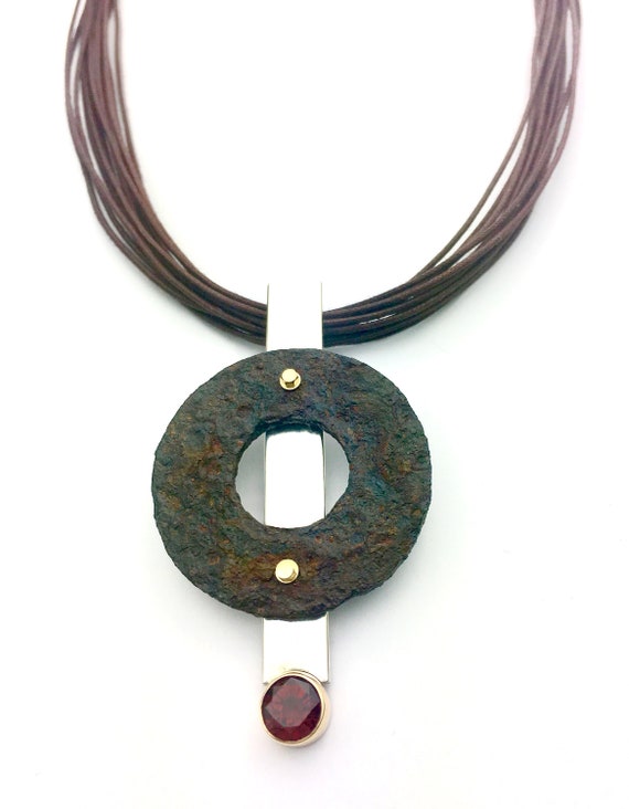 Rusted Steel, Sterling Silver, 14K YG & Garnet Pendant