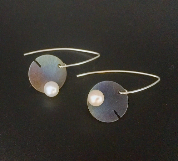 Titanium & Sterling Silver Drop Earrings w/Pearl