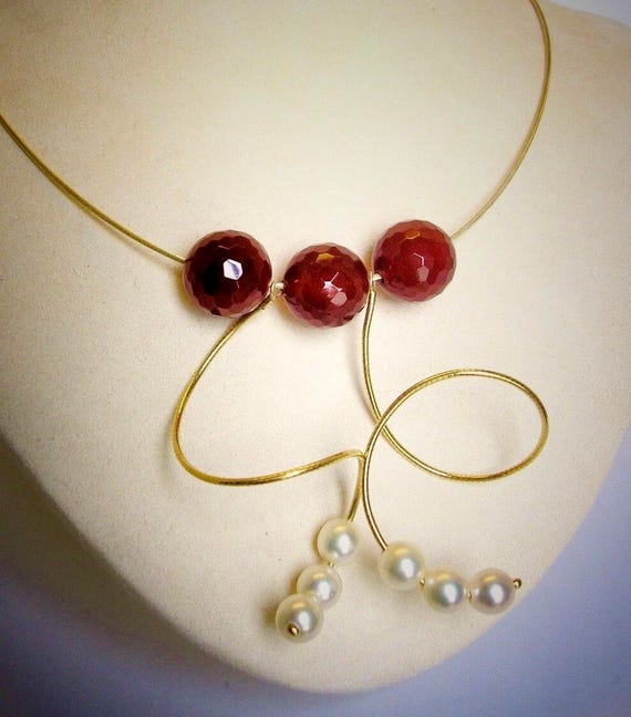 14K YG Pearl & Carnelian Spiral Necklace