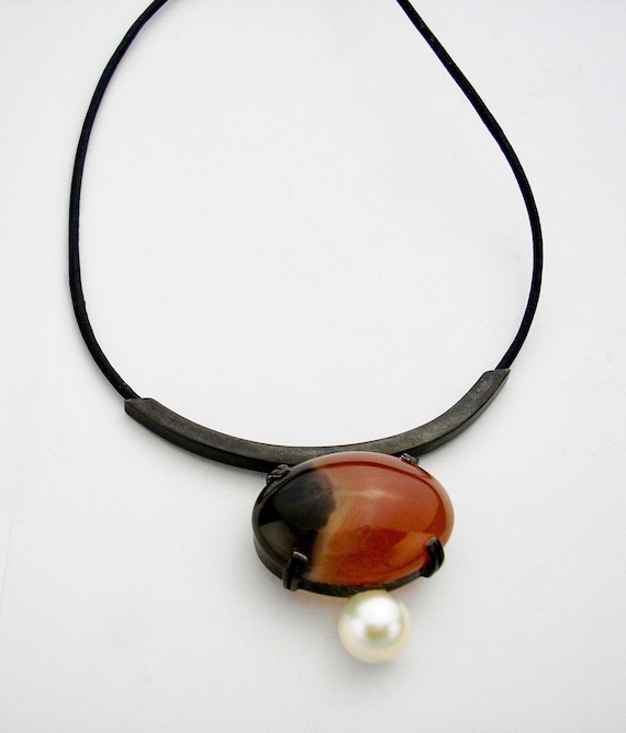 Blackened Sterling Necklace w/Agate Cabochon & Pearl