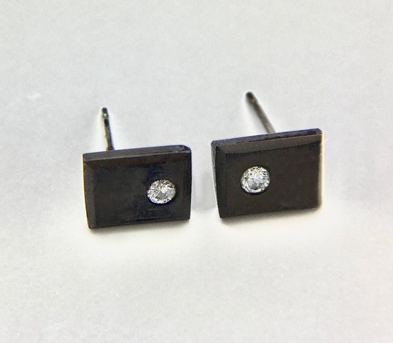 Modern Blackened Sterling & Diamond Stud Earrings