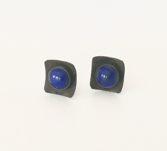 Modern Sterling Silver and Cabochon Stud Earrings