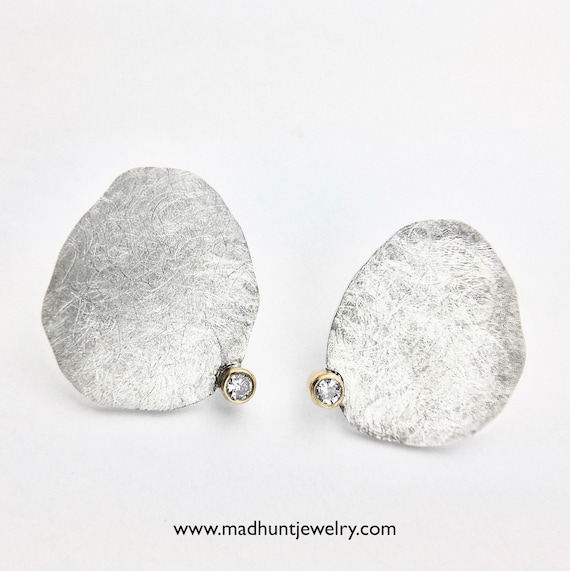 Contemporary Sterling Silver & 14K Diamond Earrings