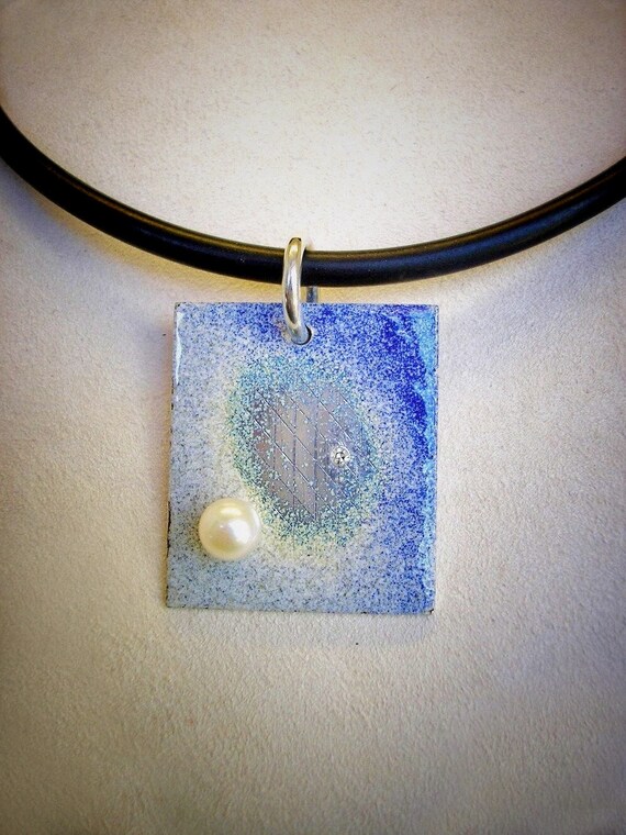 Sterling, Enamel, Pearl and Diamond Pendant on Rubber Cord