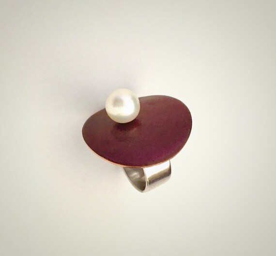 EnamelArt Sterling & Copper Ring with Pearl