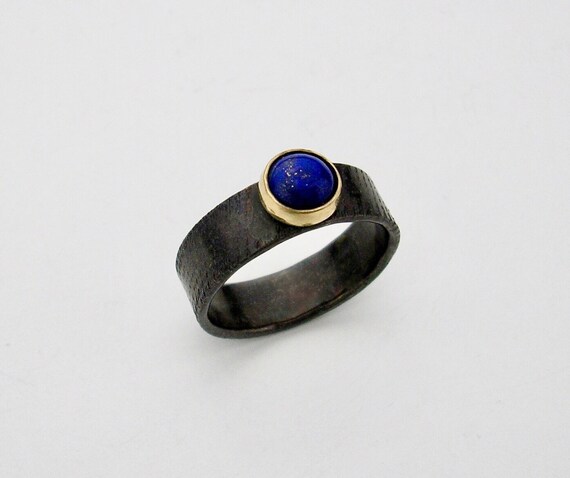 Blackened Sterling & 14K Ring w/Cabochon Lapis