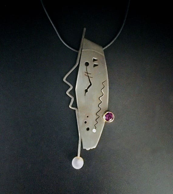 Abstract Oxidized Sterling & 14K Pendant w/Diamond, Amethyst, Pearl