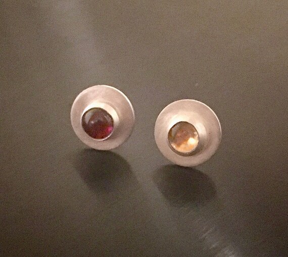 Sterling Silver Citrine & Garnet Cabochon Stud Earring