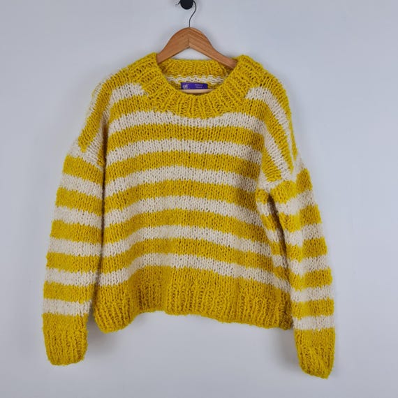 Hand Knit Mohair Boucle Sweater: Yellow White Stripe, Oversized