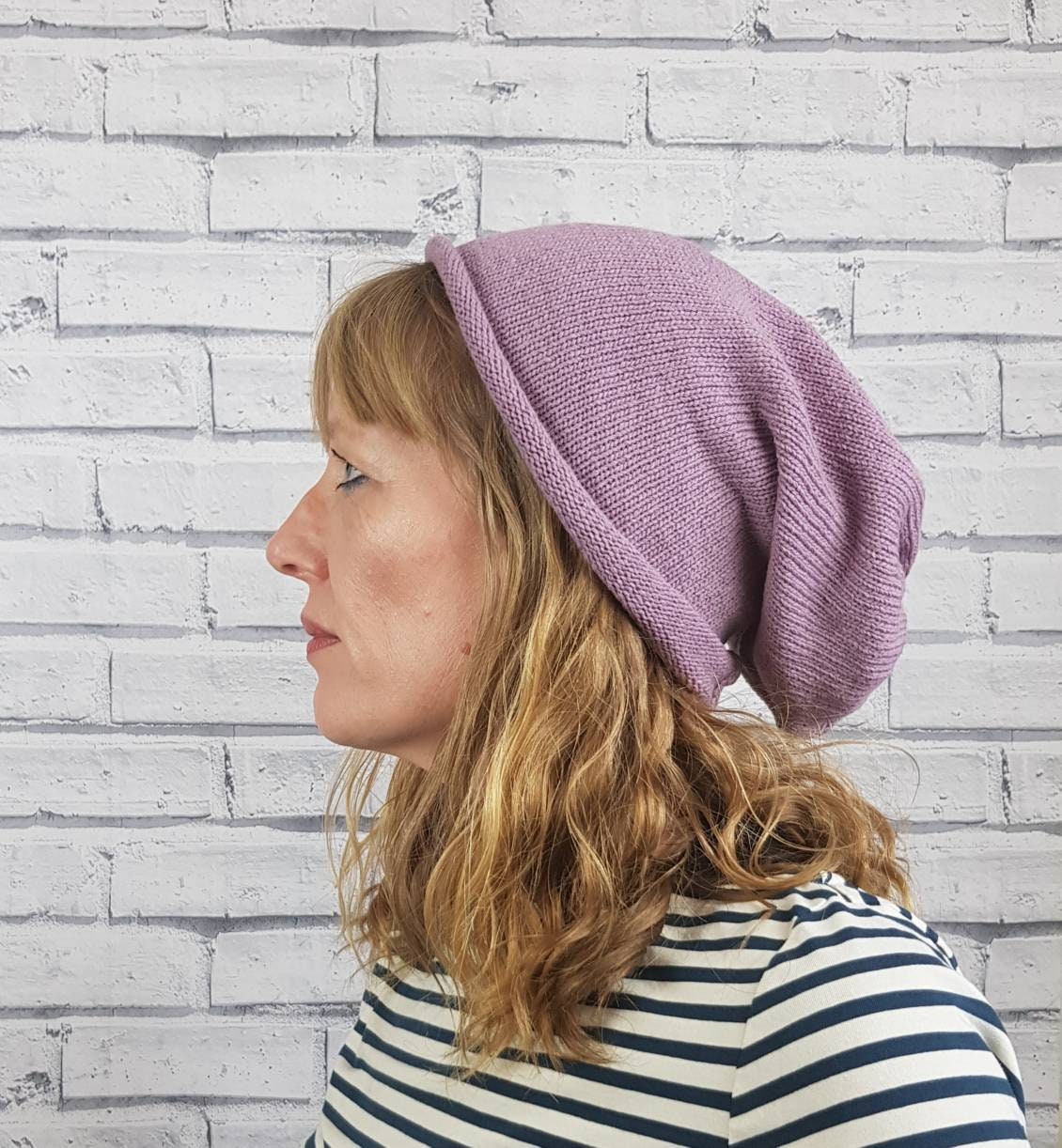 Dusky Pink Slouchy Beanie Hat Lambswool 