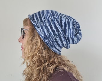 Slouchy Beanie hat - Blue stripey wool