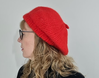 Hand Knitted Beret - Red Wool