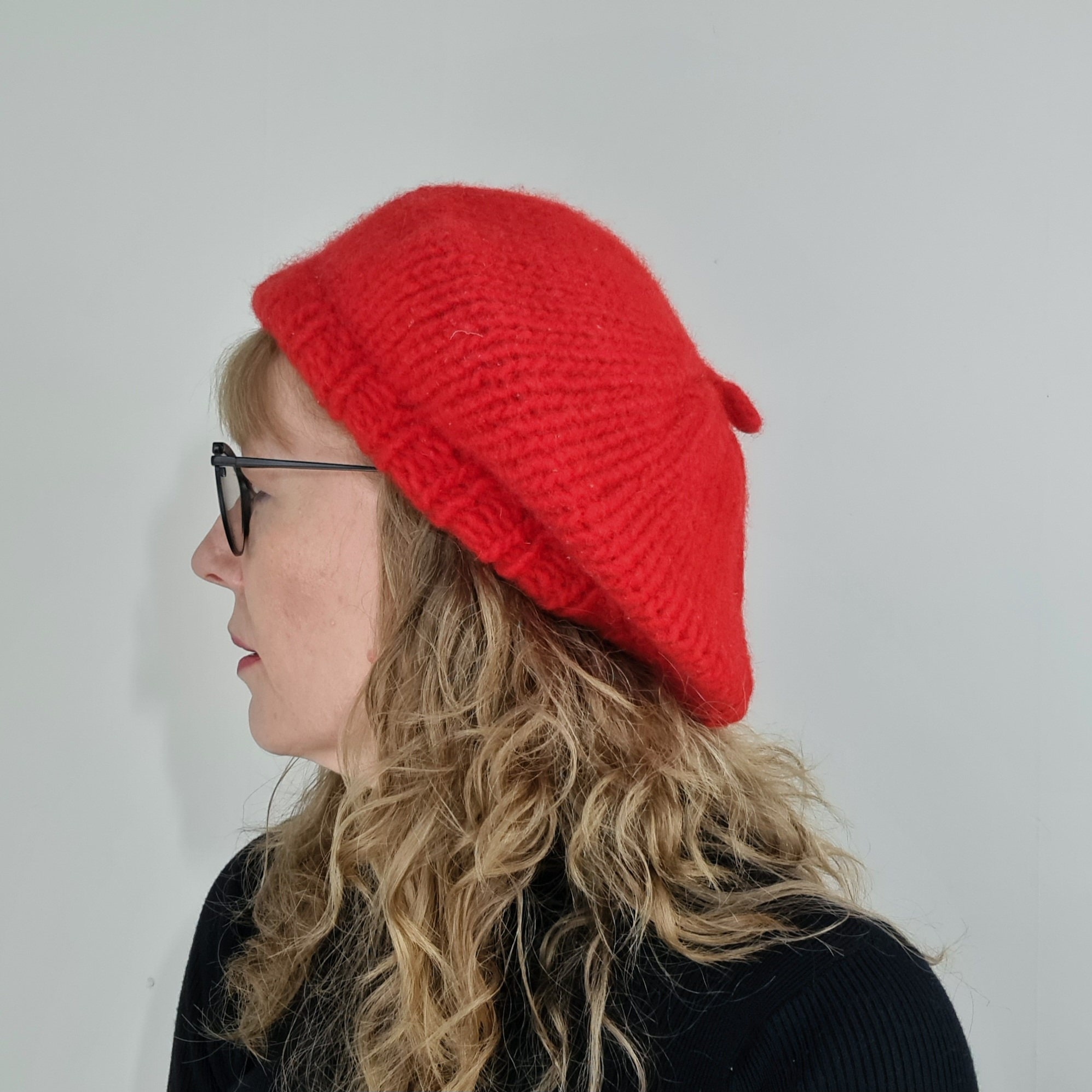 Red Knit Beret Slouchy Hat Slouch Hat, 100% Alpaca Wool, Hand