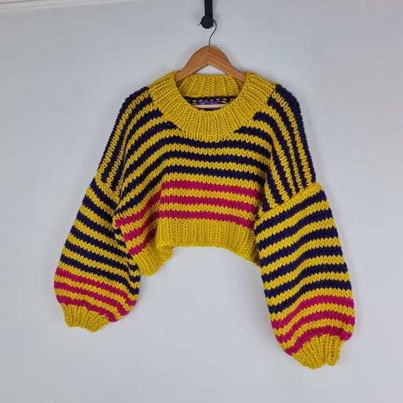 Hand Knit Striped Merino Wool Cropped Jumper: Oversized Balloon