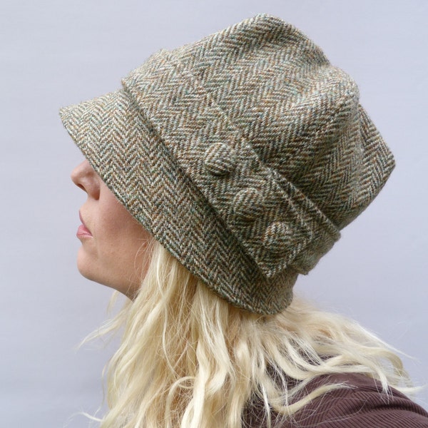 LAST ONE size large - Harris Tweed Cloche Hat - Green/Beige Herringbbone, Women's Hat, Fabric Hat, Wool Hat