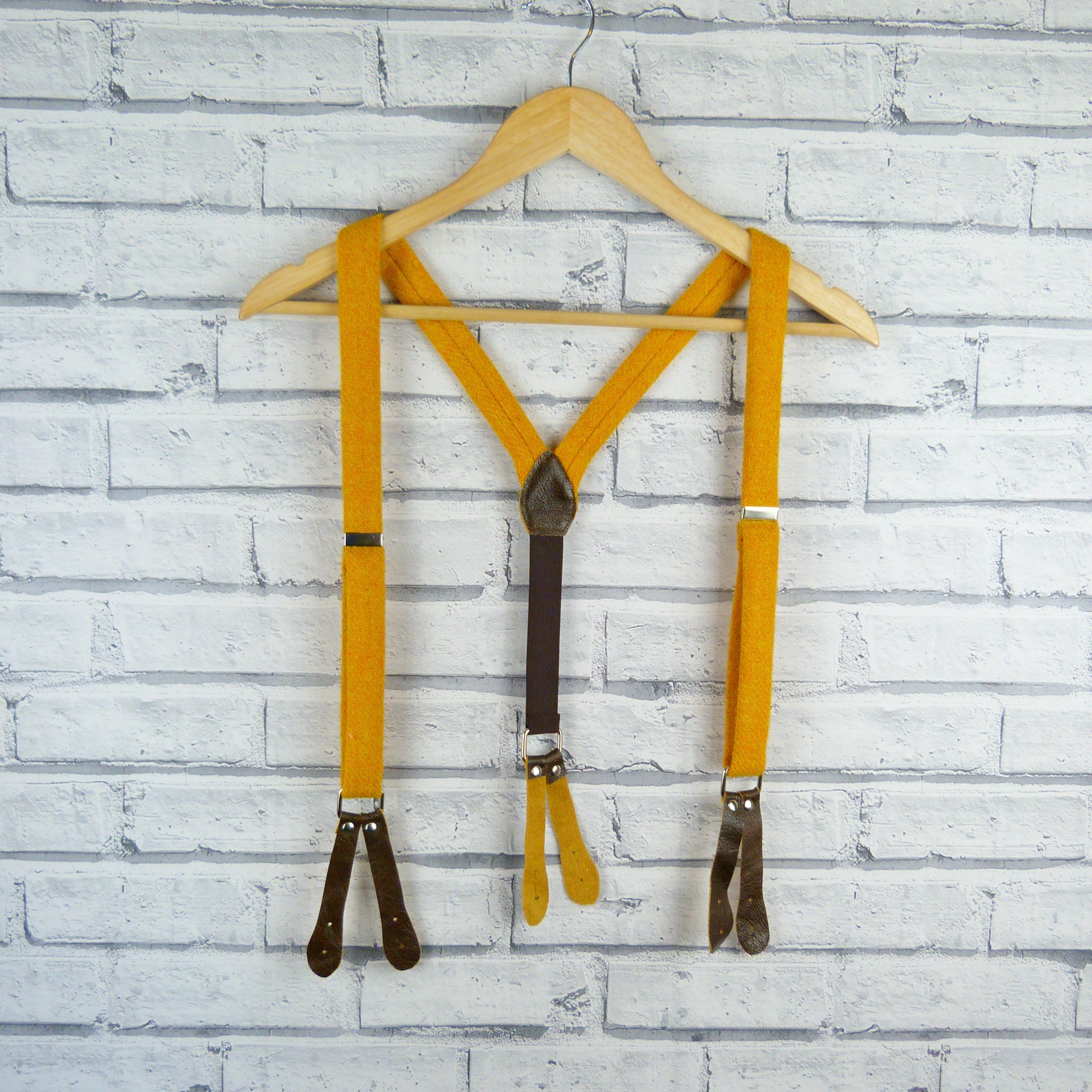 Harris Tweed Button on Braces/suspenders Mustard Yellow Tweed and Brown  Leather -  Sweden