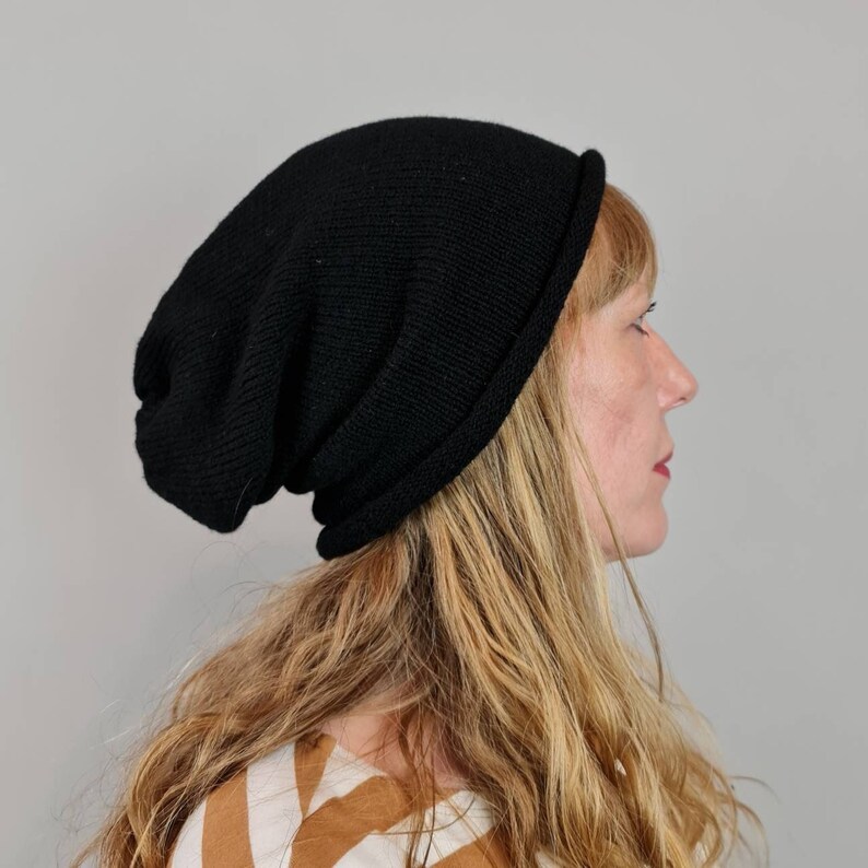 Slouchy Beanie hat Black, British Shetland Wool image 2