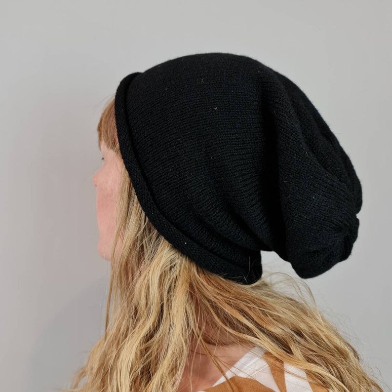 Slouchy Beanie hat Black, British Shetland Wool image 3