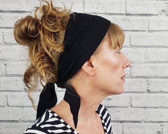 Non Slip Headscarf - Black,  self tie headband