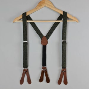 Dark Green Yorkshire Tweed Button On  Braces/Suspenders , Brown Leather