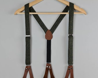 Dark Green Yorkshire Tweed Button On  Braces/Suspenders , Brown Leather