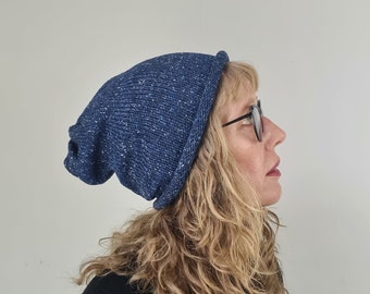 Slouchy Beanie hat - Sparkly Blue metallic wool