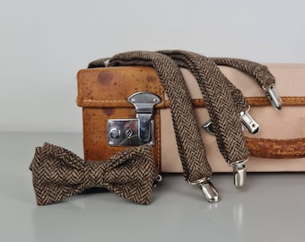 Tweed Bow Tie and Braces/Suspenders set - Brown Herringbone Yorkshire Tweed