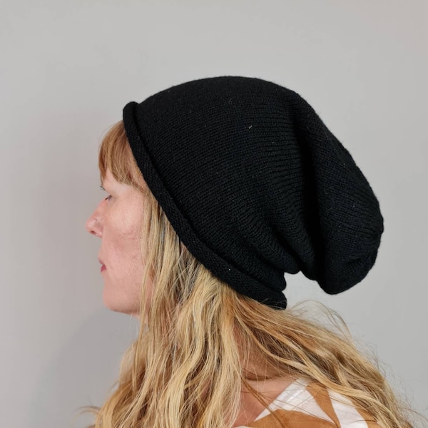 Slouchy Beanie hat - Black, British Shetland Wool