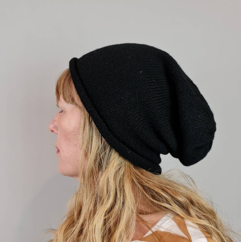 Slouchy Beanie hat Black, British Shetland Wool image 1