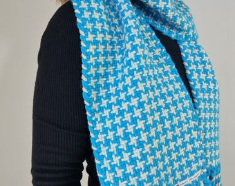 Handwoven Scarf - Blue/White Houndstooth Wool