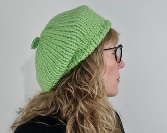 Hand Knitted Beret - Apple Green Merino Wool