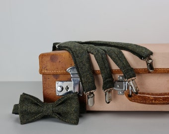 Tweed Bow Tie and Braces/Suspenders set - Dark Green Yorkshire Tweed