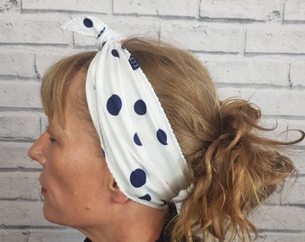 Non Slip Top Knot Headband - White Polka Dot