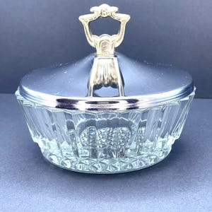 Vintage glass lidded compote candy dish pressed glass bowl with chrome and silver coloured lid gold handle sugar dish