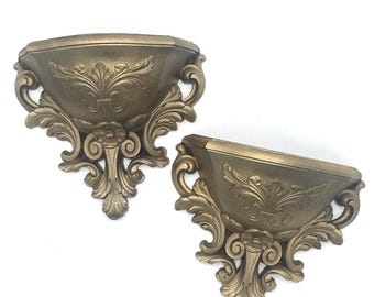 Vintage Gold Ornate Wall Pocket Pair: 1970s Hollywood Regency Decor