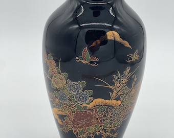 Vintage Japanese Vase with floral painting black and gold-  Ray Control Asian Style Vase