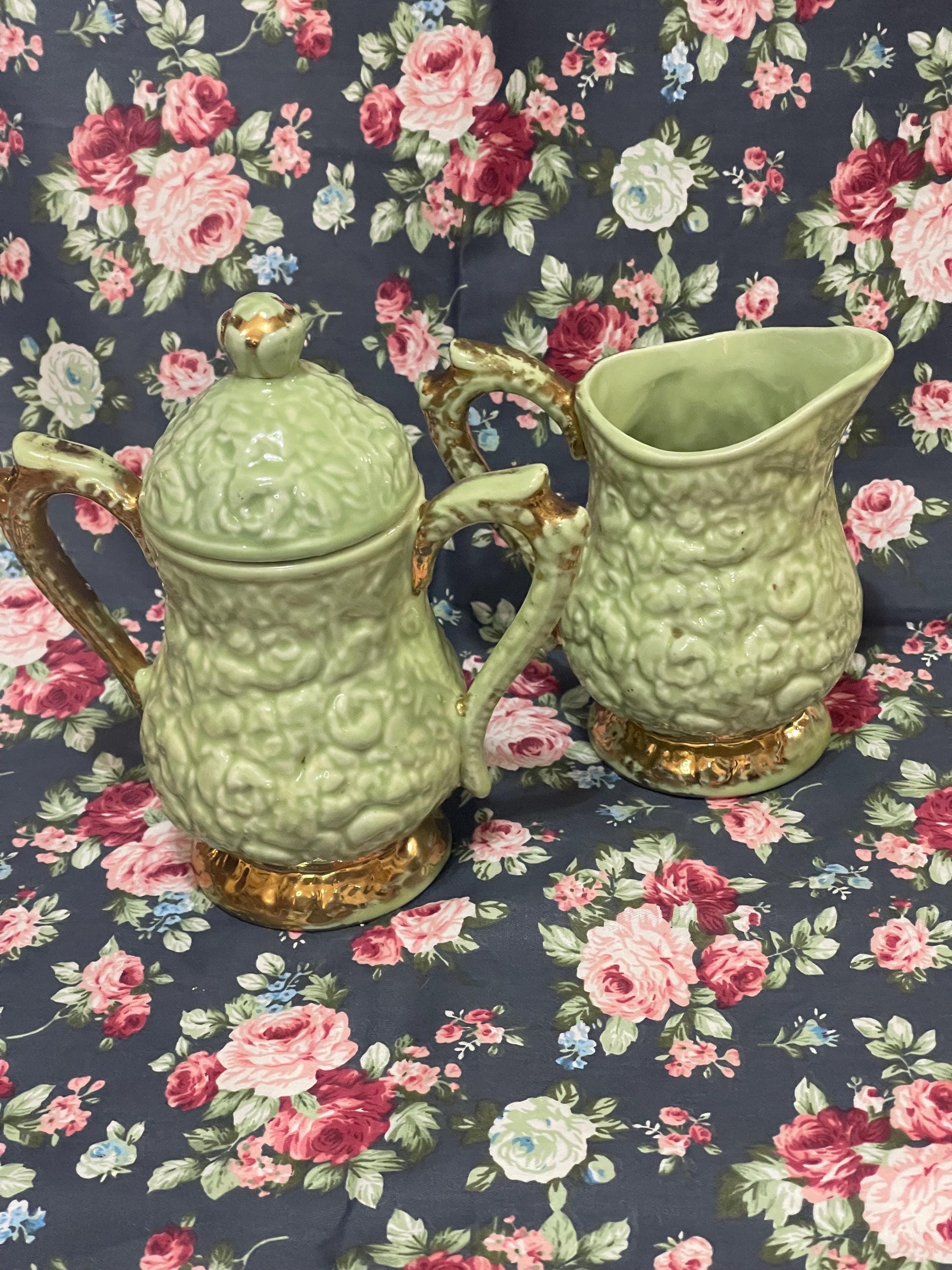 Vintage Green Floral Embossed Glazed Ceramic Sugar Cream Set Gold Trim