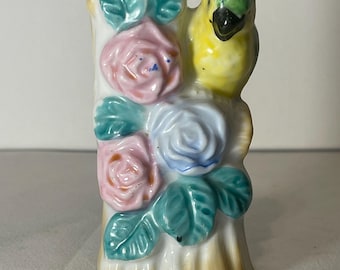 Parrot and Flower Japanese Hand Painted Vase 3.75 Inches Tall Made in Japan Vintage