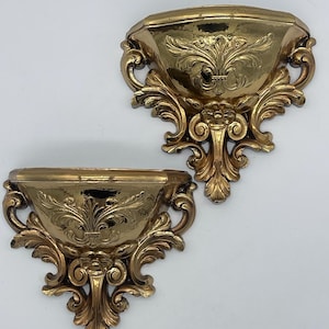 Pair of HOMCO or Syroco Vintage Wall Pocket, Ornate Gold, 1970s Wall Hanging, Home Decor Hollywood Regency Wall Vase MCM