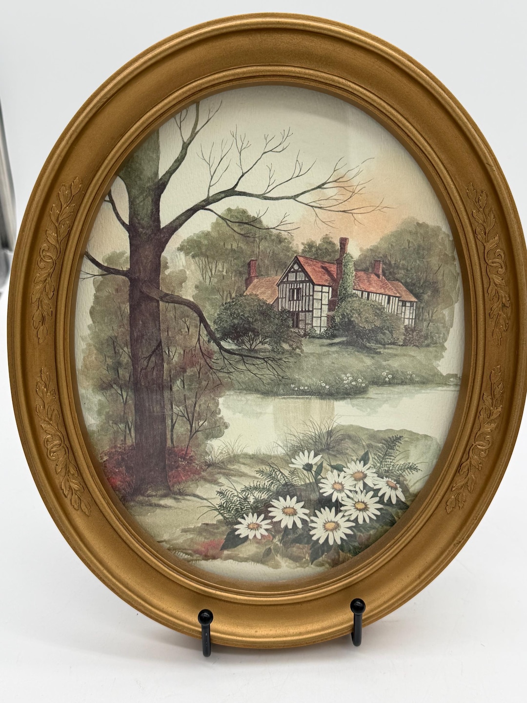 Vintage Cottage Landscape Print | Oval Gold Floral Frame, Homco USA - Etsy