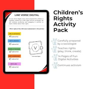 May include: A digital activity pack for children's rights, displayed on a tablet. The pack includes 14 pages of fun digital activities, carefully prepared by a sociologist. The tablet screen shows the text "Children's Rights Activity Pack."