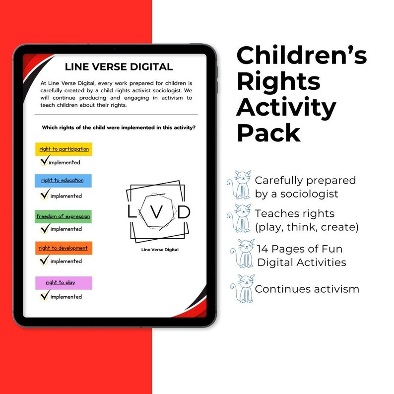 May include: A digital activity pack for children's rights, displayed on a tablet. The pack includes 14 pages of fun digital activities, carefully prepared by a sociologist. The tablet screen shows the text "Children's Rights Activity Pack."