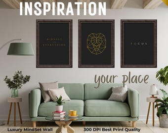 Mindset Lion Wall Art, Gold Office Decor, Set of 3 (Digital Download)